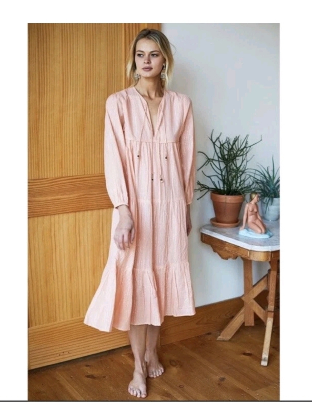 Emerson Fry Heirloom Lurex Stripe Cotton Midi Dress Peach Tassel Boho XS S India